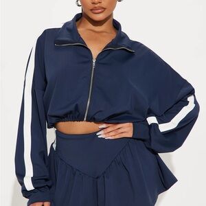 Fashion Nova Navy Cropped Track Jacket with White Stripes